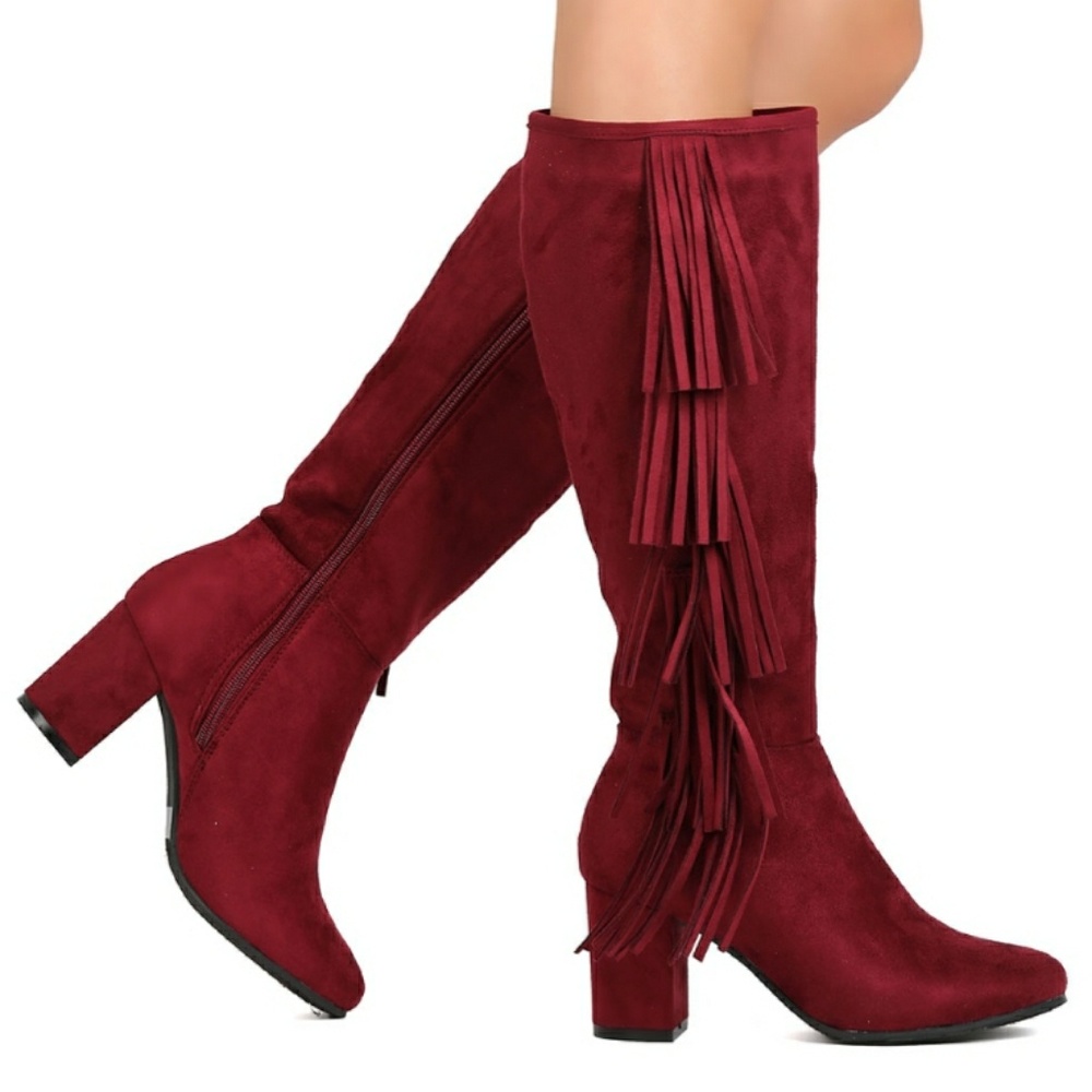 *Sz 6.5 left*Burgundy Fringe Knee High Suede Boots - Picture 2 of 4